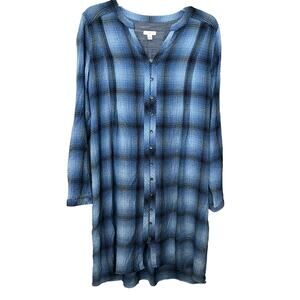 J. JILL LONG SLEEVE BUTTON MIDI SHIRT DRESS, WOMENS, NAVY & LIGHT BLUE GEOMETRIC